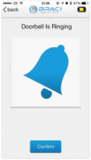 Screenshot of an iPhone displaying "Doorbell is Ringing" alert, with a large blue bell icon against a white background. Beneath, there is a blue button that reads "Confirm" in white font.