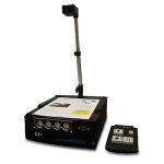 A large platform base on which documents are placed and a small camera mounted on a tall pole above it. A separate component, similar to a TV remote, is shown adjacent.