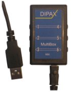 Black, rectangular device with a USB cable.