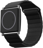 A black wristband with a square watchface featuring a large circle on the screen.