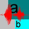A square image divided into three uneven colored blocks with a red frequency line running through the middle and the lowercase letters a and b at the top and bottom.