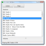 Screenshot showing list of available radio stations and two large control buttons on top.