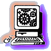 A clip art-style graphic of a desktop computer, mouse, and keyboard. The background is light blue, peach, and purple.