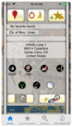 Screenshot of an iOS app menu, showing an address, current location marker, and various map options.