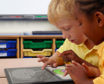 Two children touching a tablet that has a white-on-black outlined picture of a head and brain. Below is a color rendition of the same pic.