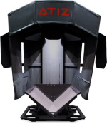A large, black and grey printer device with the word "ATIZ" in red at the top. There is a v-shaped platform for placing an open book to scan.